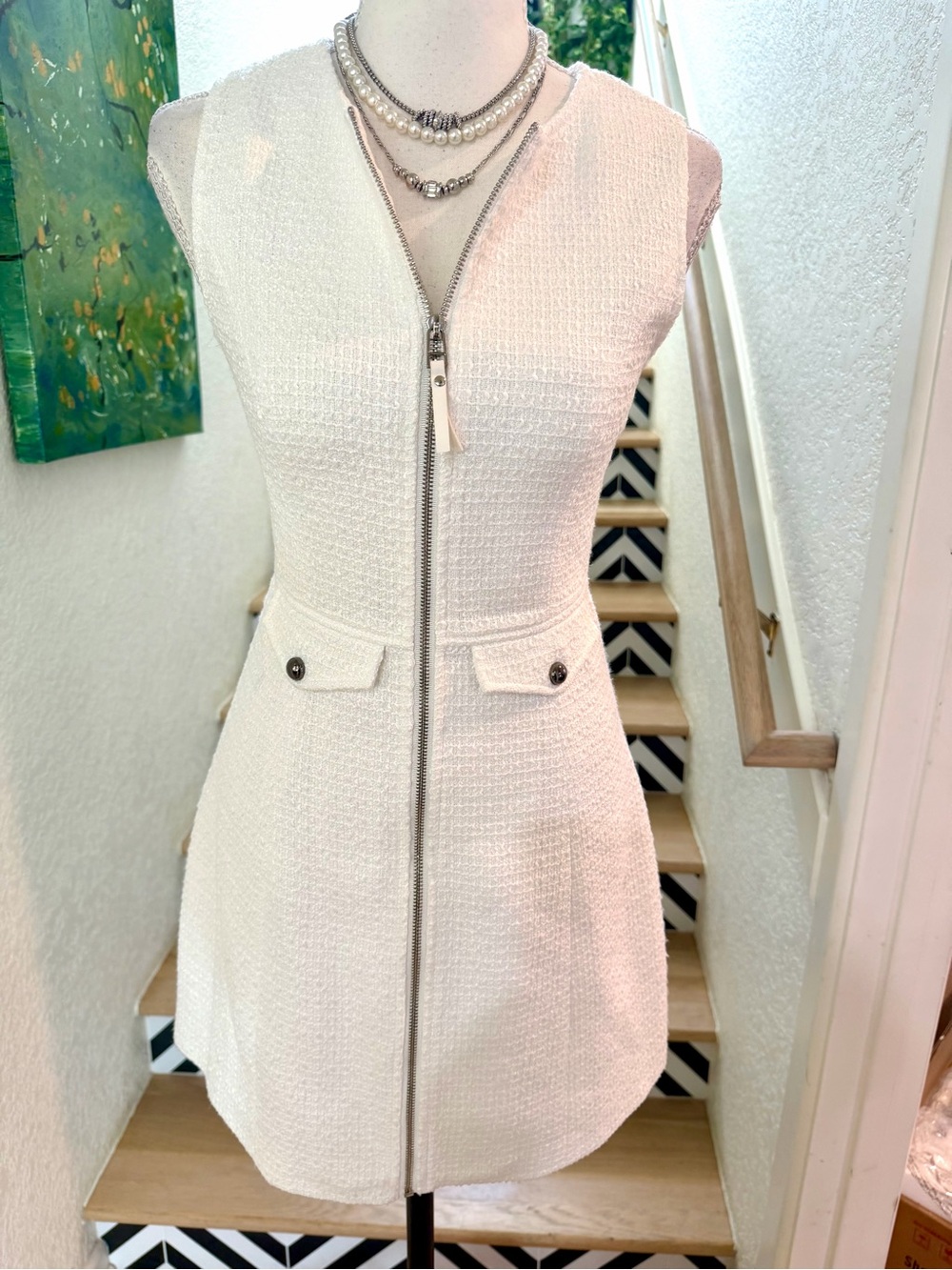 Boutique Sleeveless White Tweed Zip-Front Dress SZ Small Office Wear